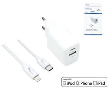 DINIC USB C+A Lade-Set 20W, PD, weiß, 1m Lightning/C 20W, 3,6V~5,9V/3A; 6~9V/2A; 9V~12V/1,5A